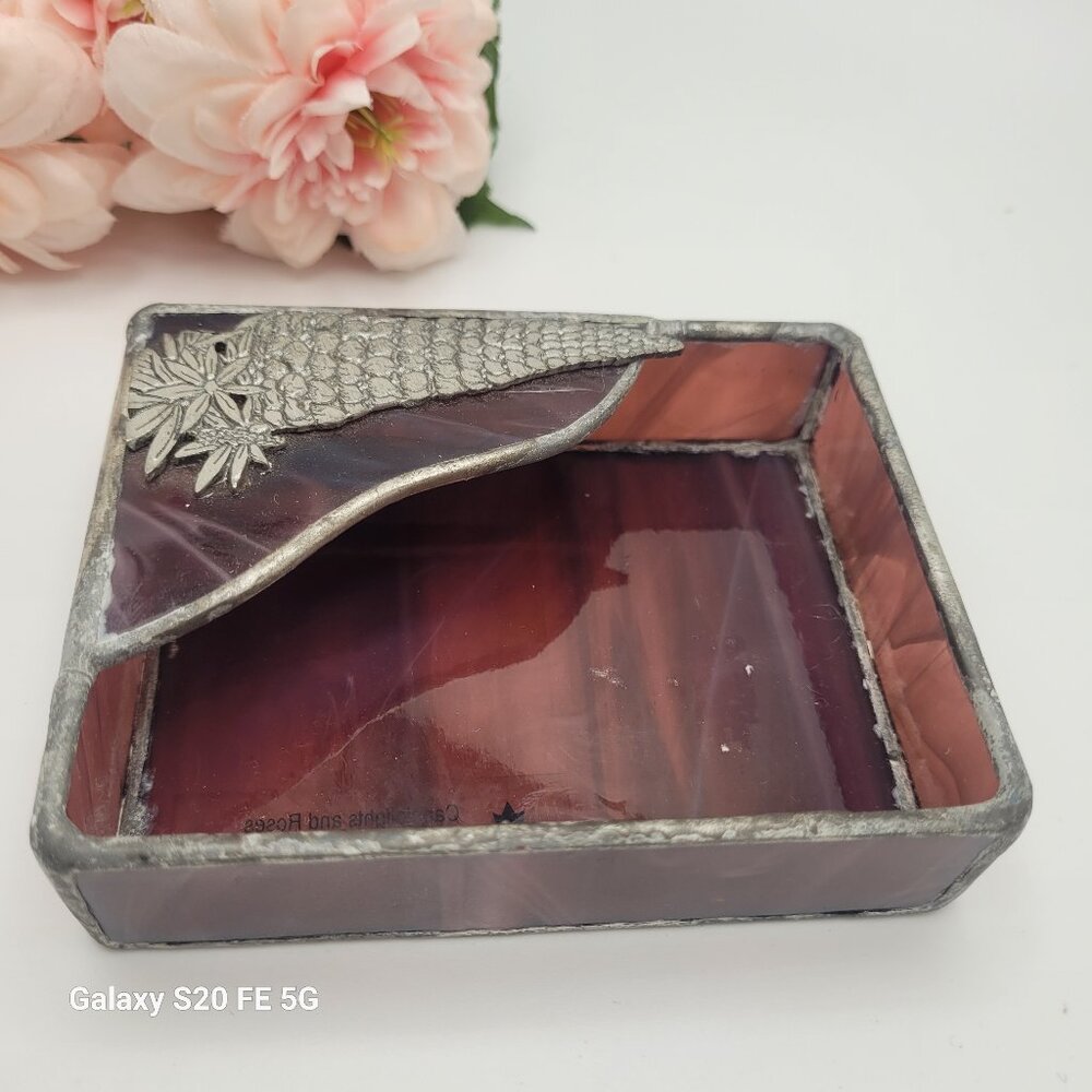 Purple Lead Stained Glass Trinket Dish or Business Card Holder
